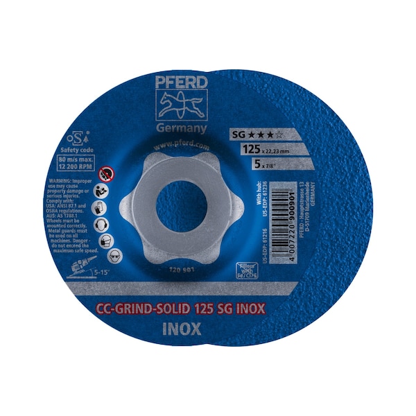 Pferd Depressed Center Grinding Wheel, Type 27, 5 in Dia, 0.125 in Thick, 7/8 in Arbor Hole Size, Ceramic 61216 - main